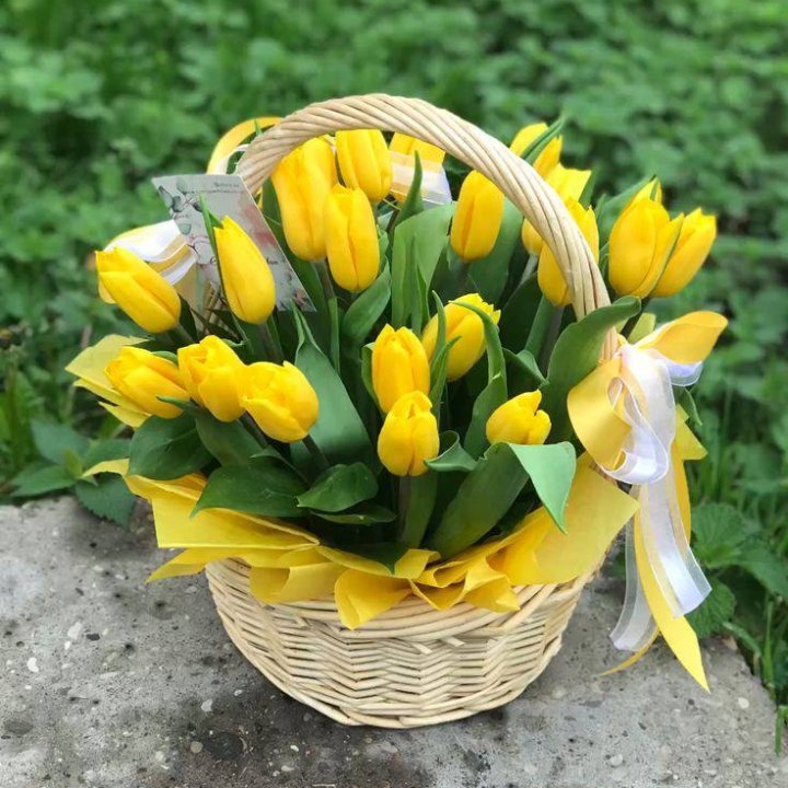 25 желтых тюльпанов в корзине в Подольске