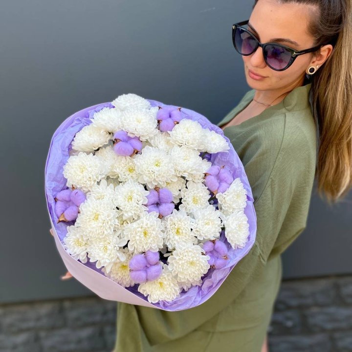  Букет  хризантем и хлопка в Подольске